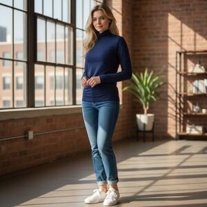 Choice Navy Seamless Turtleneck Long Sleeve Top Mock Neck Ruched #2000 OS (146)